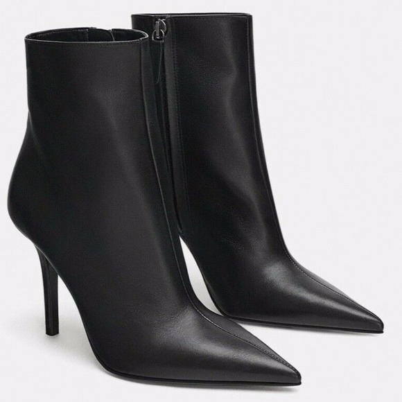ZARA BLACK 100% LEATHER STILETTO-HEEL ANKLE BOOTS